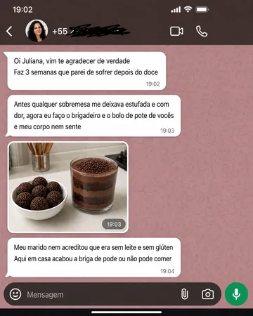 Conversa de cliente contando que serviu brigadeiros e pudins em uma reunião de família